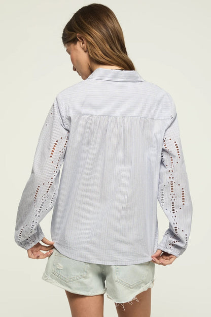 Lucky Brand Women's Cutwork Long Sleeve Button Down - Blue Stripe