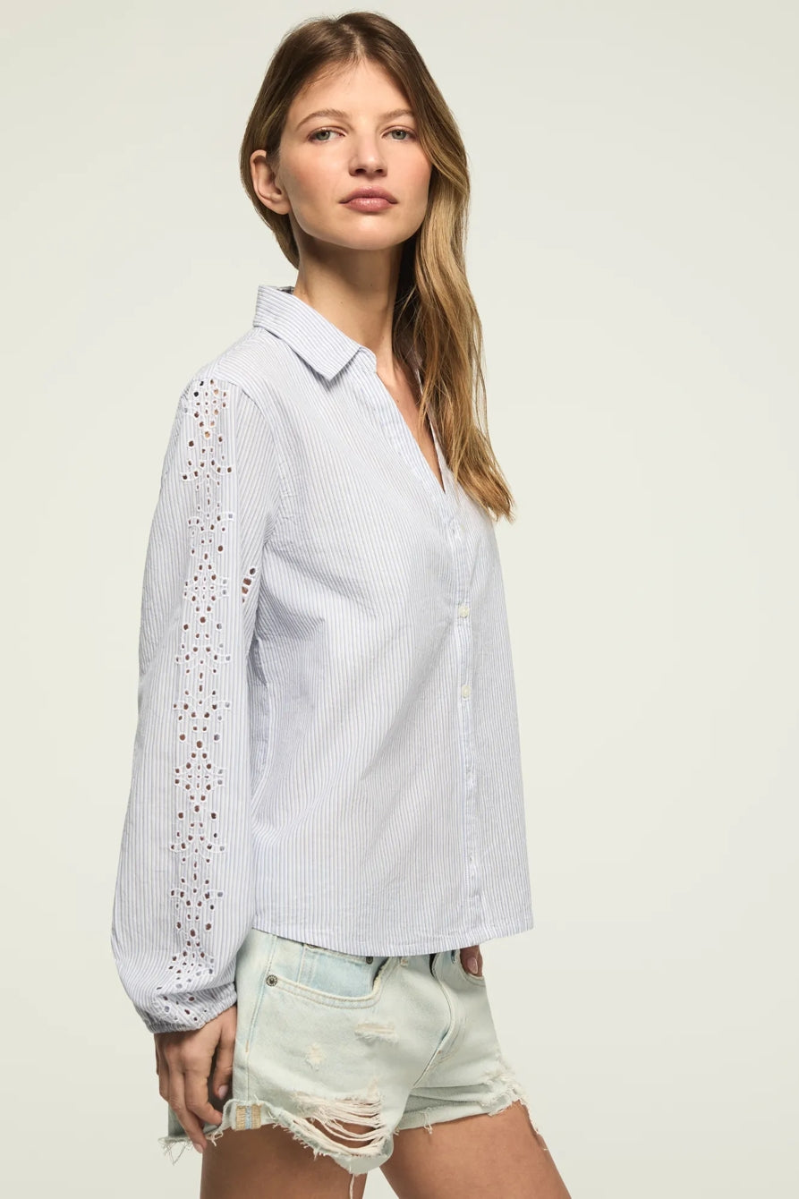 Lucky Brand Women's Cutwork Long Sleeve Button Down - Blue Stripe