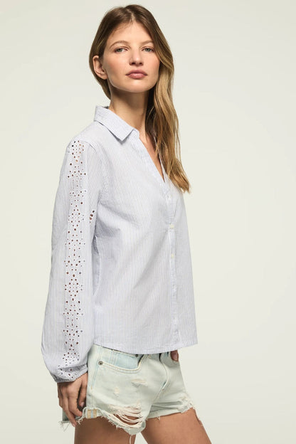 Lucky Brand Women's Cutwork Long Sleeve Button Down - Blue Stripe