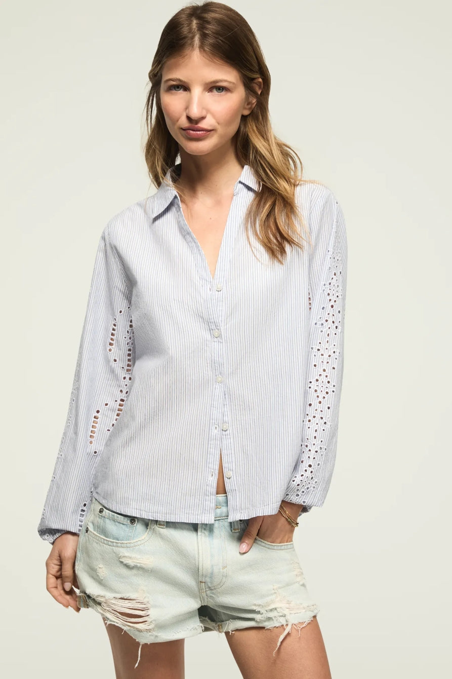 Lucky Brand Women's Cutwork Long Sleeve Button Down - Blue Stripe