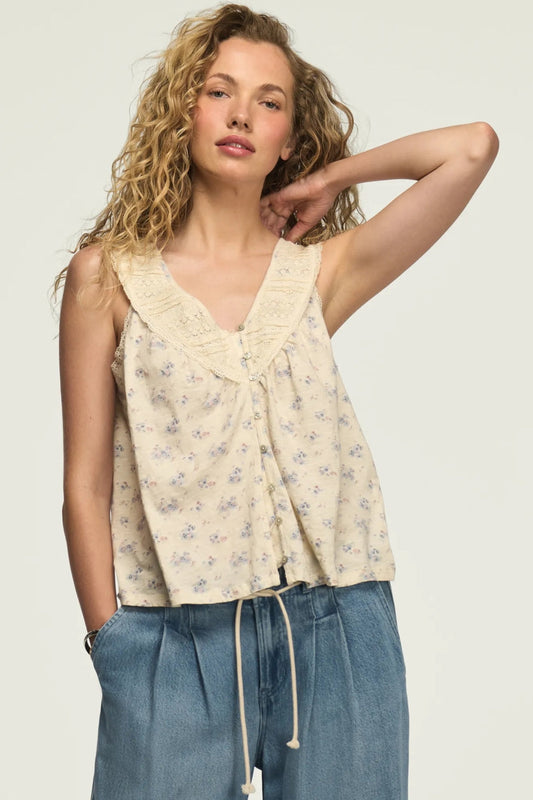 Lucky Brand Women's Lace Yoke V Neck Top - Cream Floral