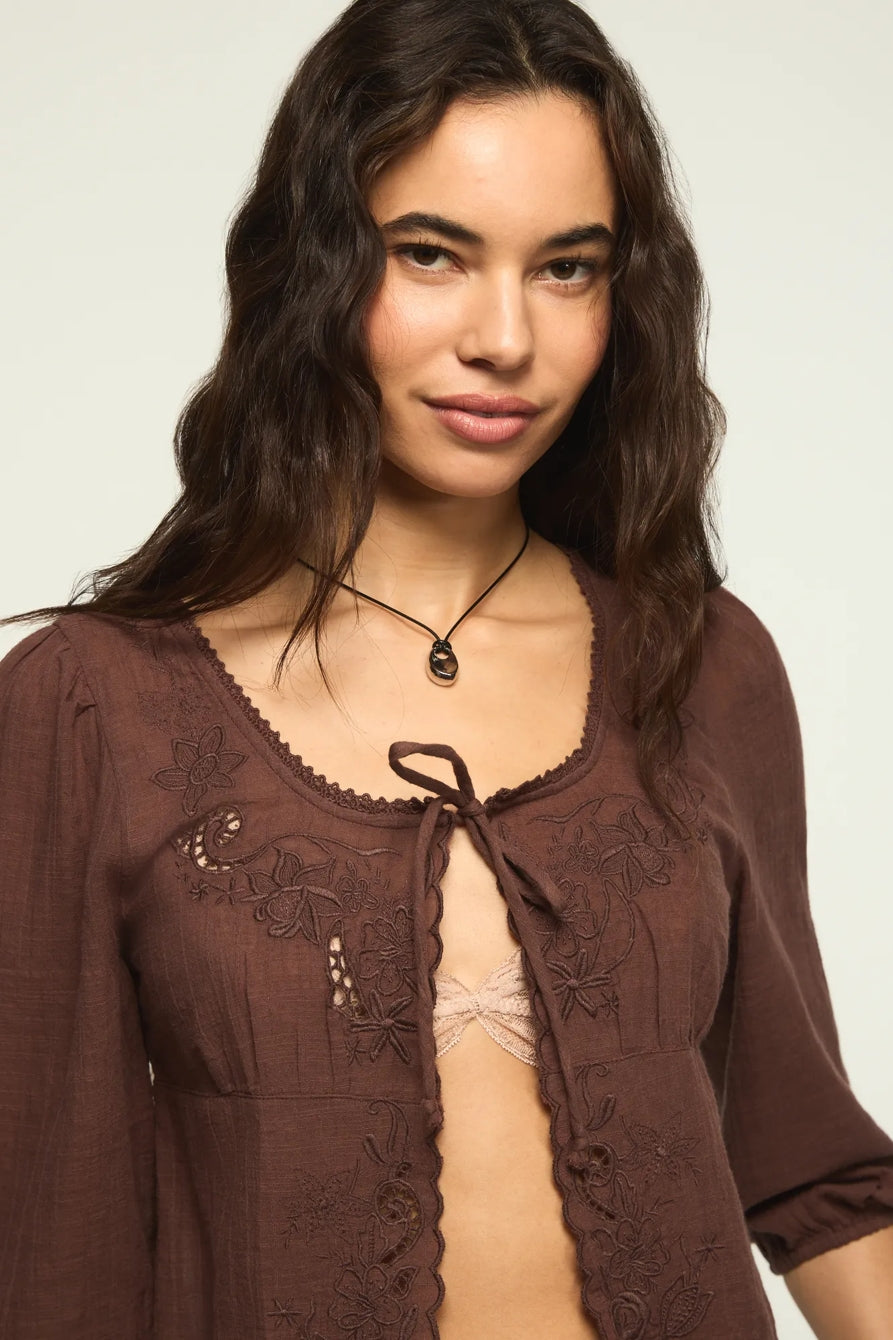 Lucky Brand Women's Festival Cutwork Flyaway Blouse - French Roast