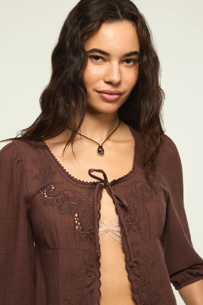 Lucky Brand Women's Festival Cutwork Flyaway Blouse - French Roast