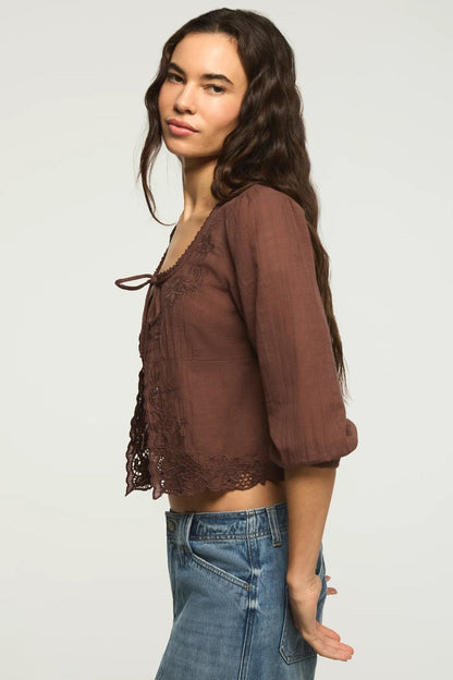 Lucky Brand Women's Festival Cutwork Flyaway Blouse - French Roast