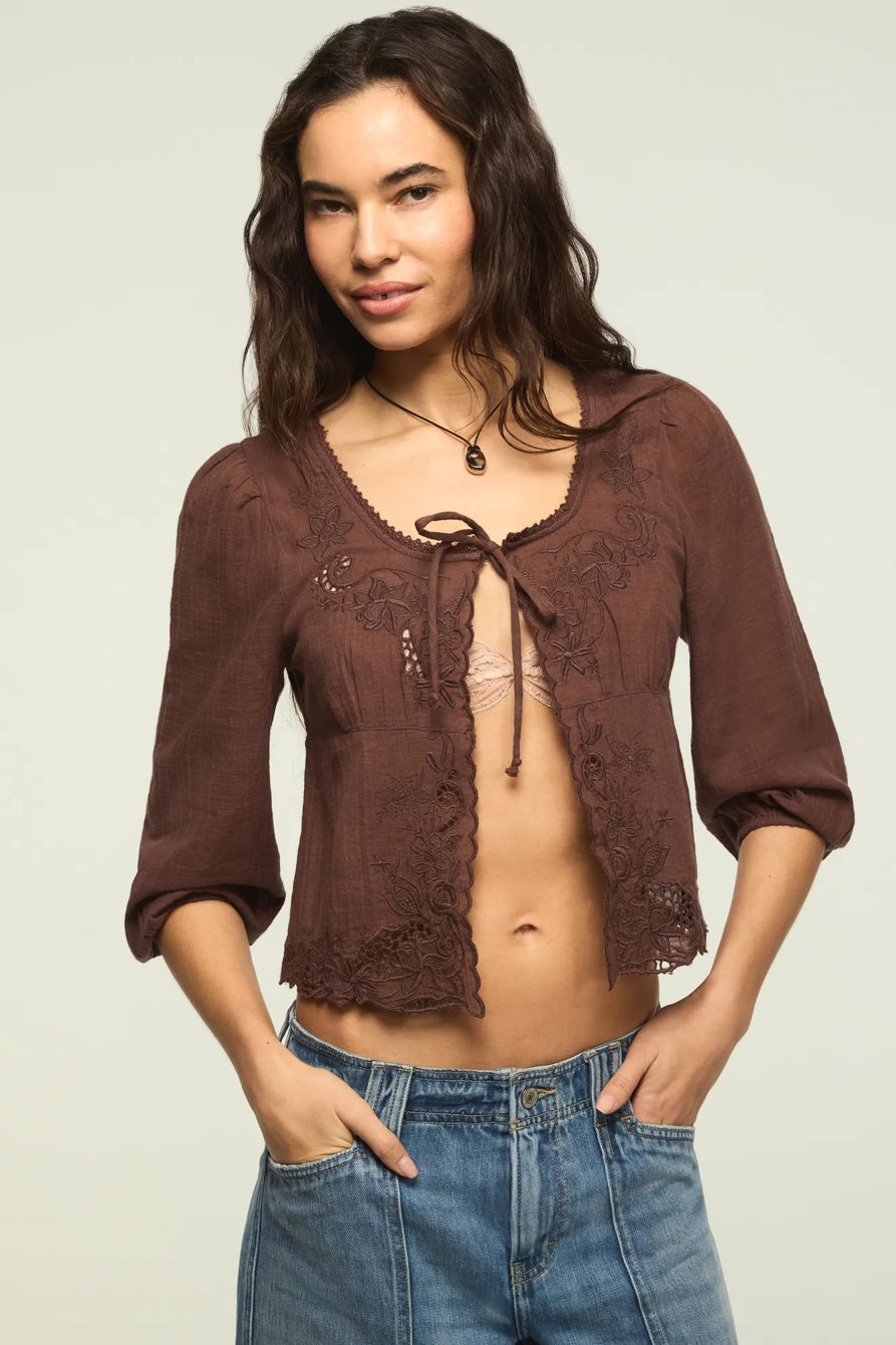Lucky Brand Women's Festival Cutwork Flyaway Blouse - French Roast