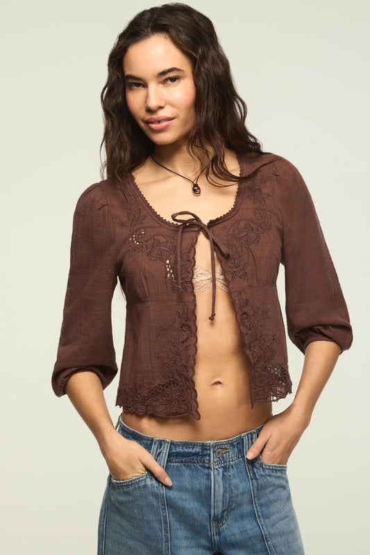 Lucky Brand Women's Festival Cutwork Flyaway Blouse - French Roast