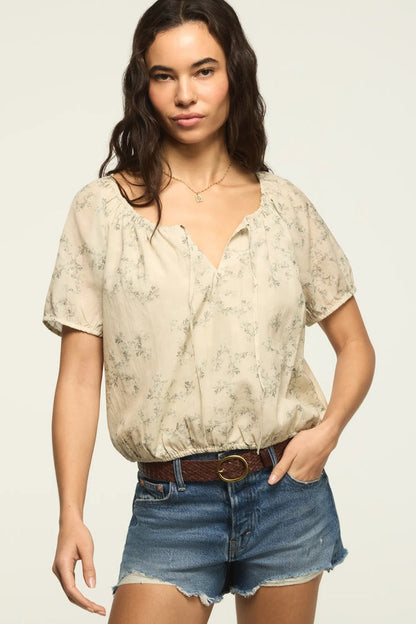 Lucky Brand Women's Short Sleeve Bubble Top - Green Floral