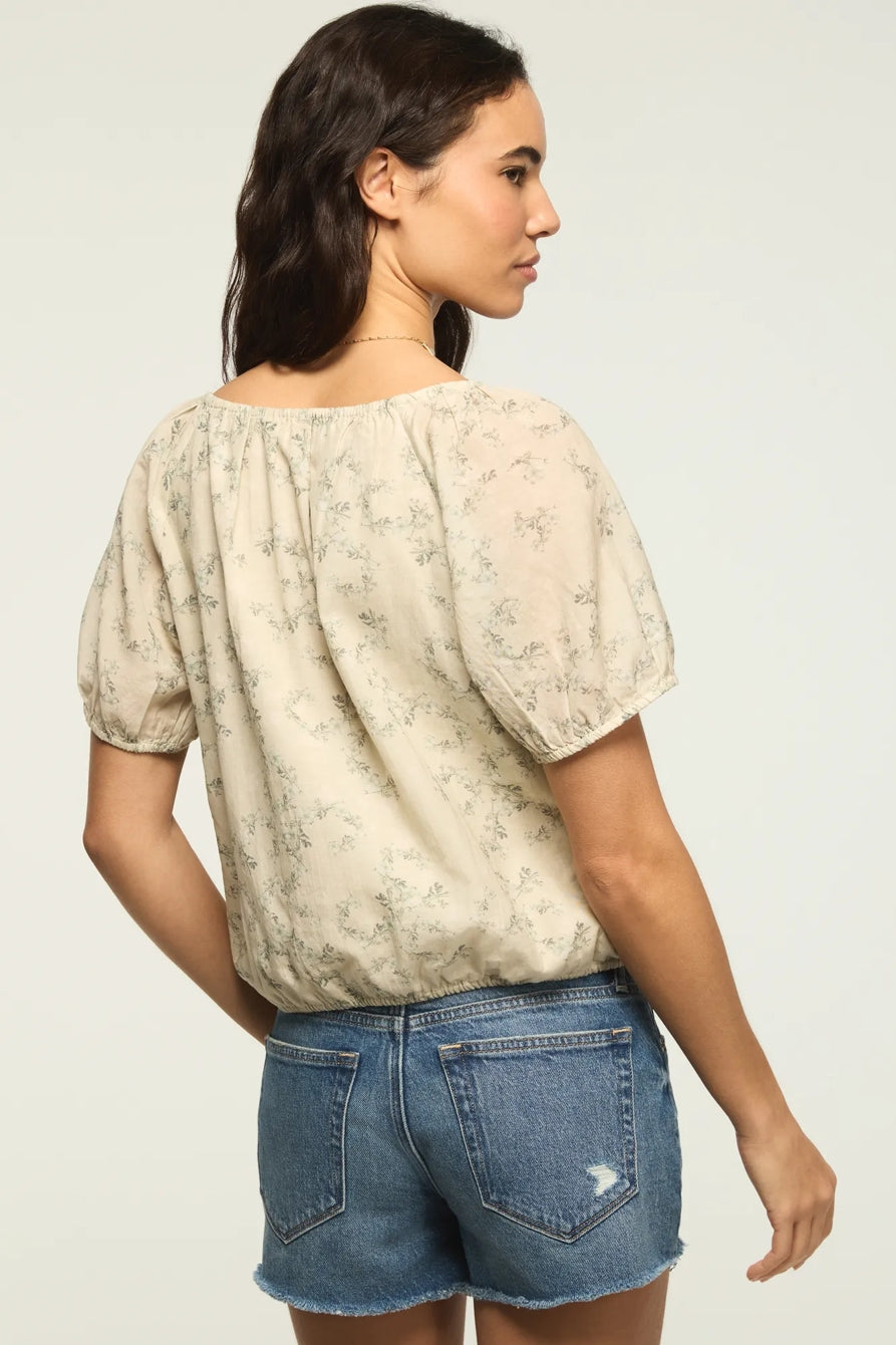 Lucky Brand Women's Short Sleeve Bubble Top - Green Floral