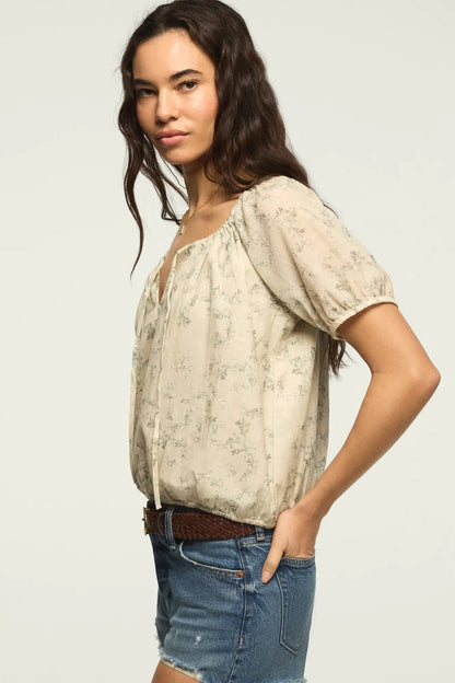 Lucky Brand Women's Short Sleeve Bubble Top - Green Floral