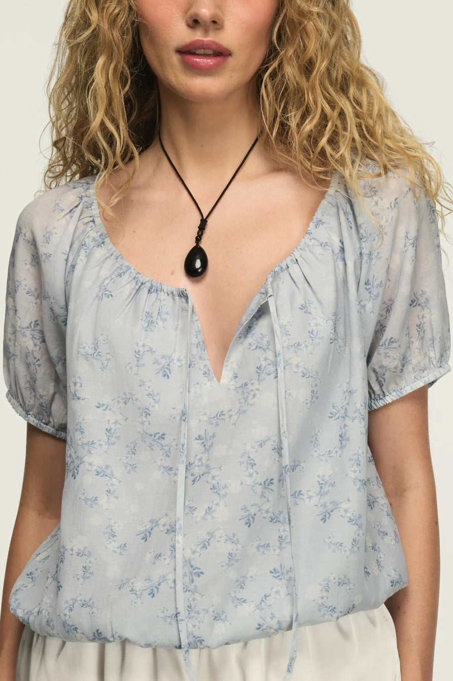 Lucky Brand Women's Short Sleeve Bubble Top - Blue Floral