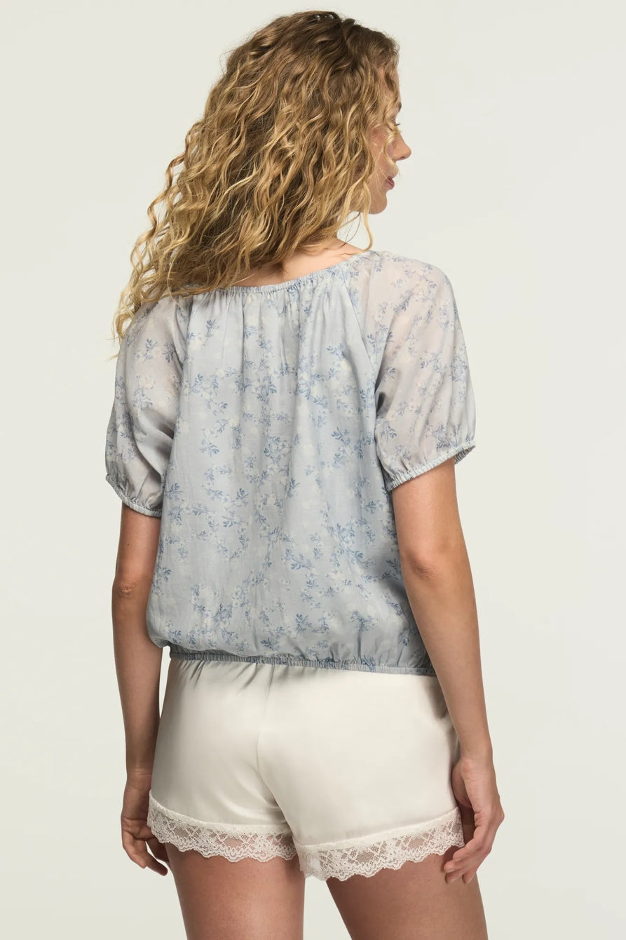 Lucky Brand Women's Short Sleeve Bubble Top - Blue Floral