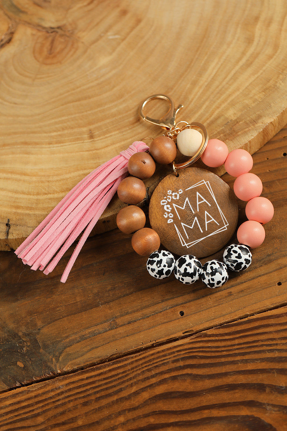 Threaded Pear MAMA Wood Pendant Leopard Fringe Keychain