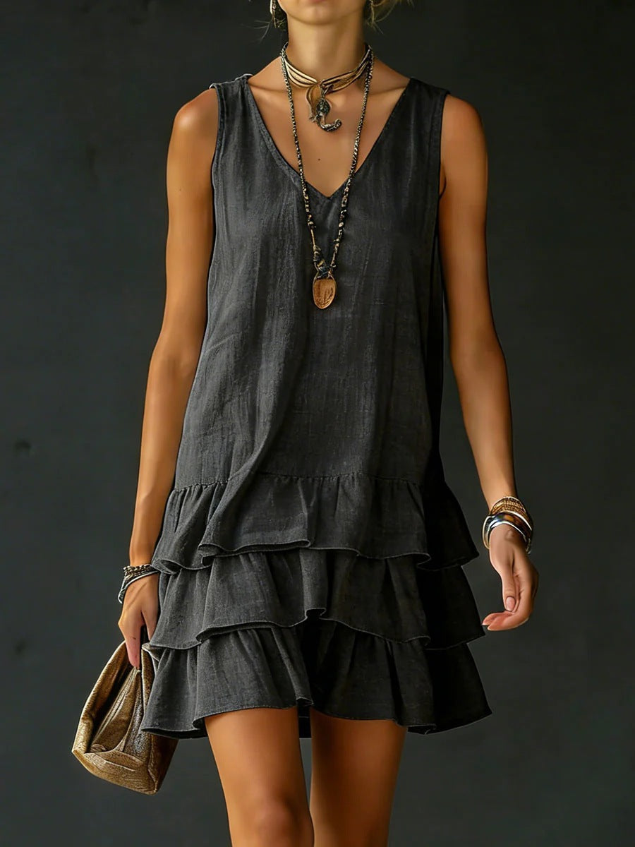 V-Neck Sleeveless Tiered Ruffle Mini Dress