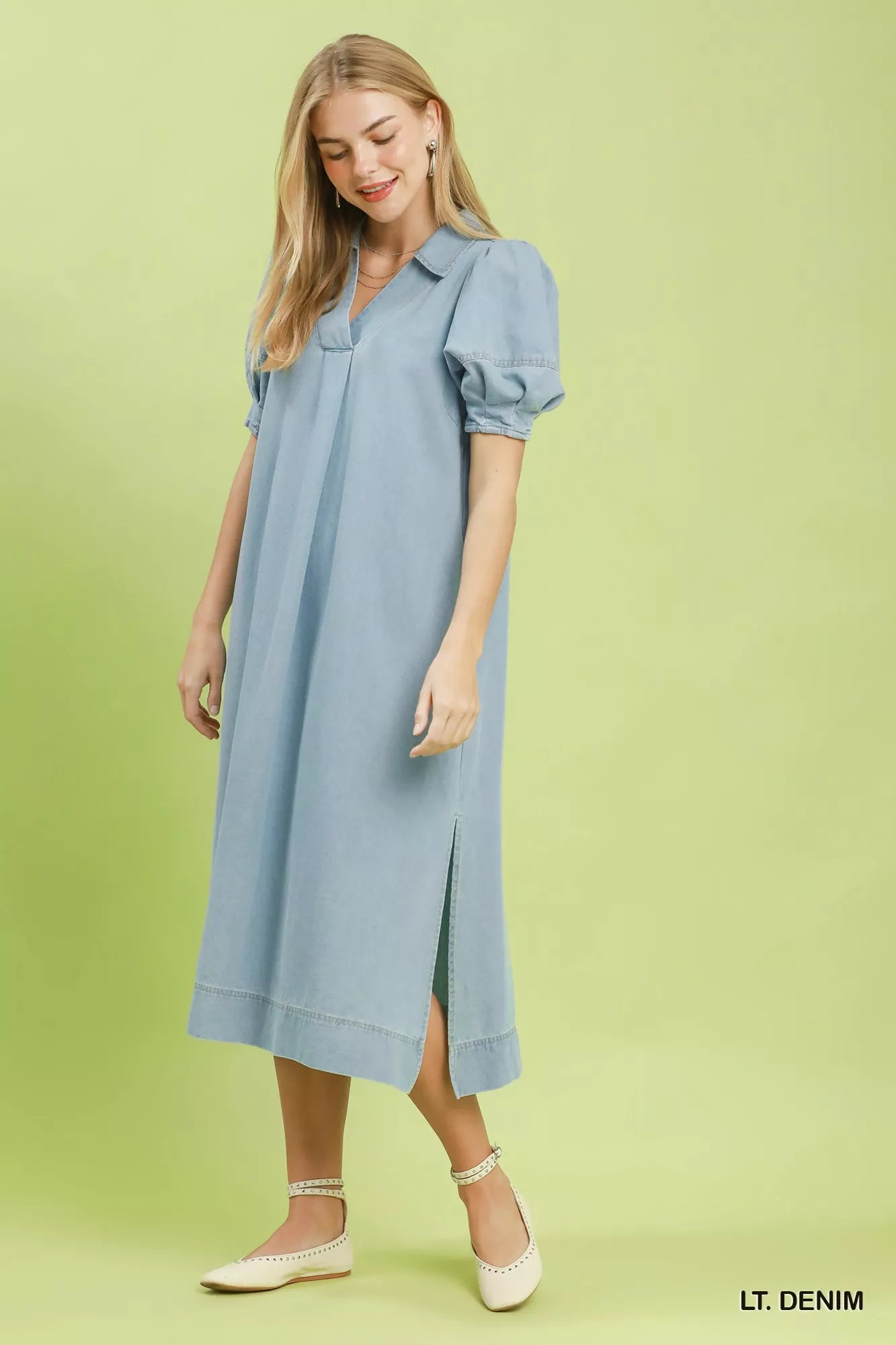 Umgee Chambray Collared Puff Sleeve Dress in Denim