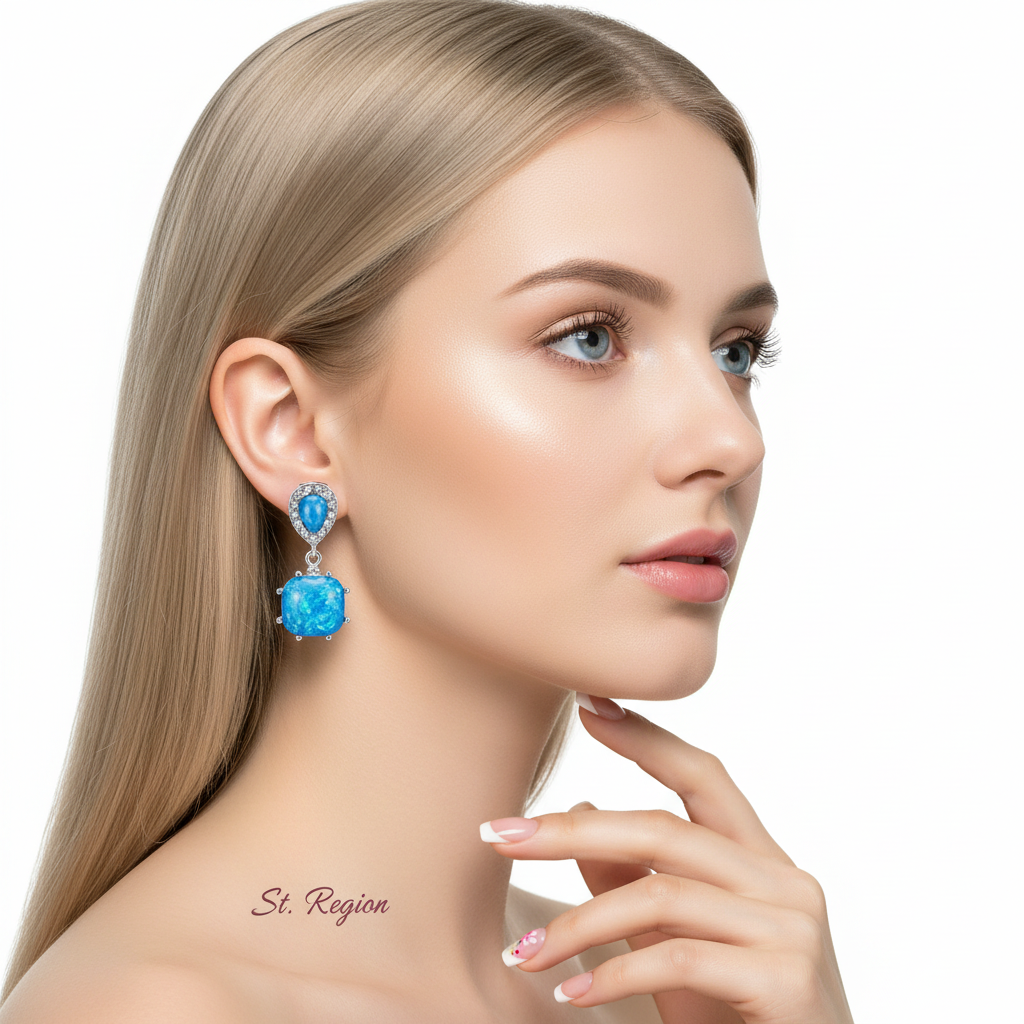 Blue Opal & Cubic Zirconia Drop Earrings