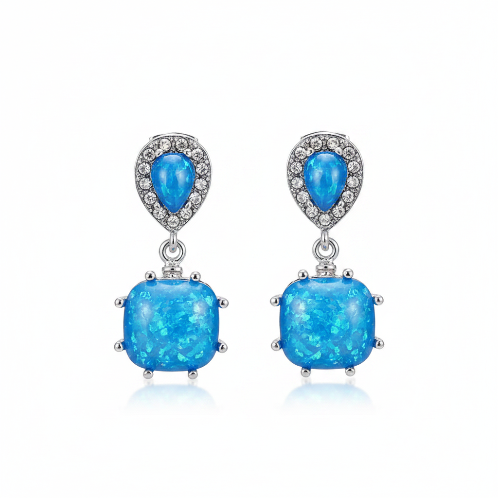 Blue Opal & Cubic Zirconia Drop Earrings
