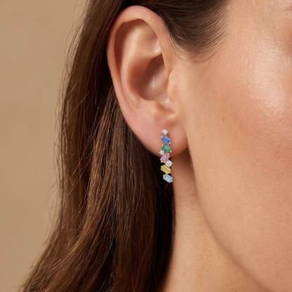 IGI Certified 0.97 Ct Multi Color Unheated Sapphire and Diamond 14K Yellow Gold Zigzag Drop Earrings