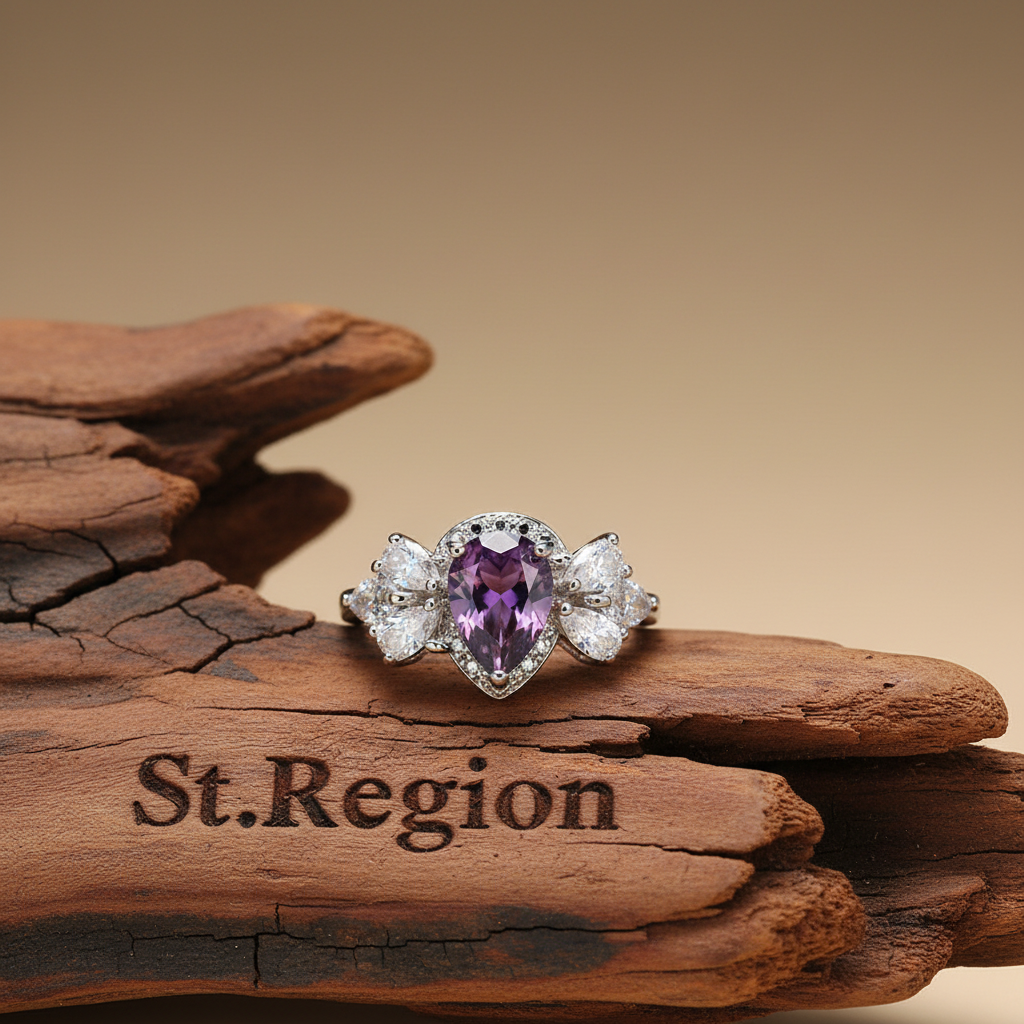 Purple Crystal & Silvertone Pear-Cut Ring