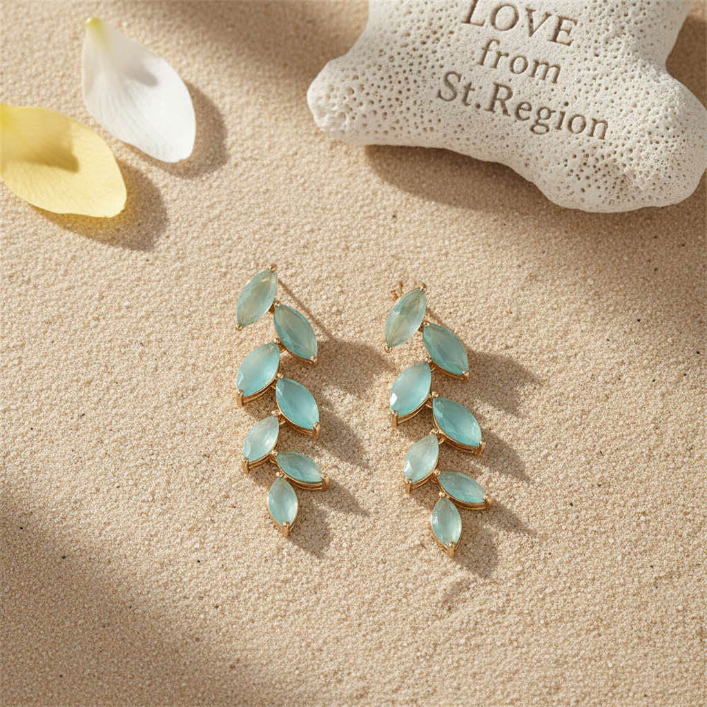 Green Crystal & Goldtone Leaves Drop Earrings