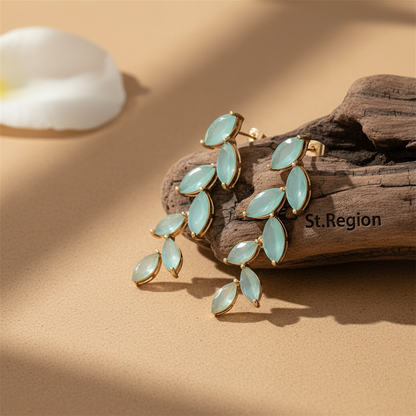 Green Crystal & Goldtone Leaves Drop Earrings