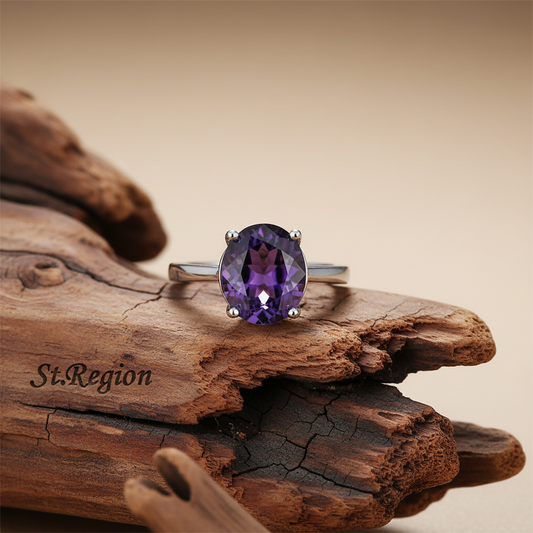 Purple Crystal & Silvertone Oval-Cut Solitaire Ring