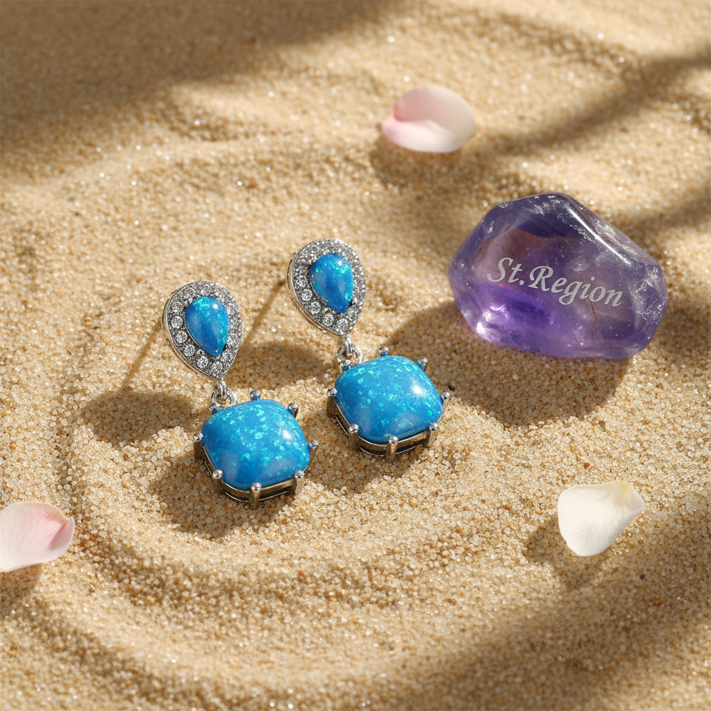 Blue Opal & Cubic Zirconia Drop Earrings