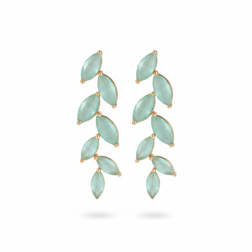 Green Crystal & Goldtone Leaves Drop Earrings