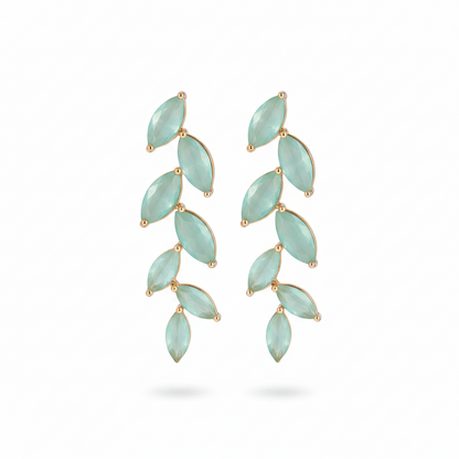 Green Crystal & Goldtone Leaves Drop Earrings