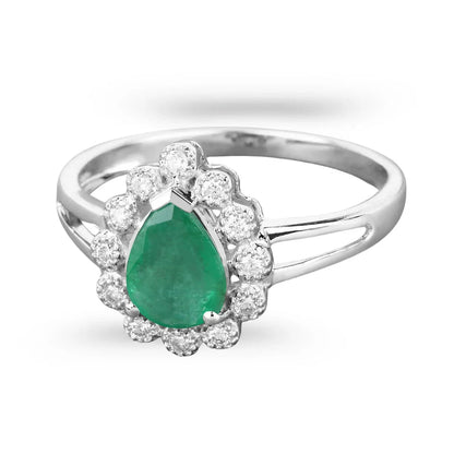 1.10 Ct Pear Green Zambian Emerald Diamond V-Prong 10k Gold Halo Statement Ring