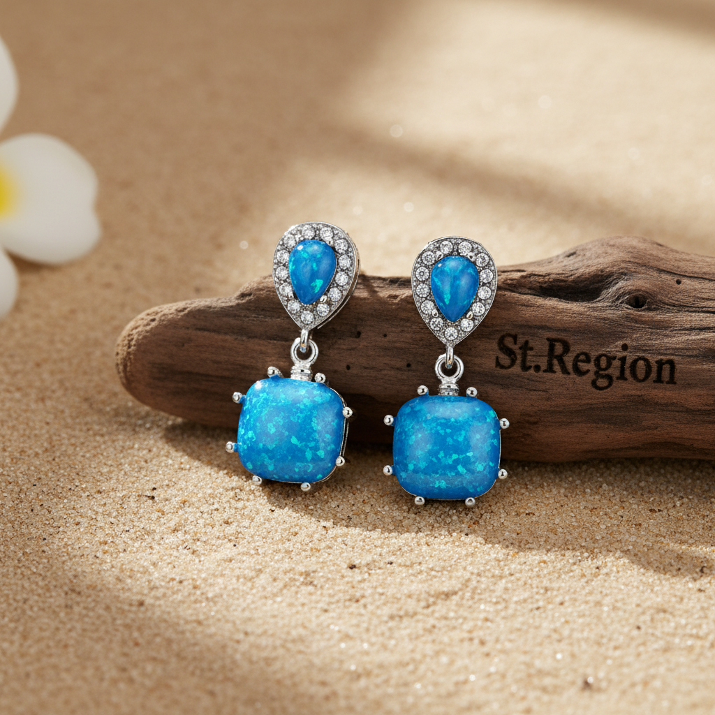 Blue Opal & Cubic Zirconia Drop Earrings
