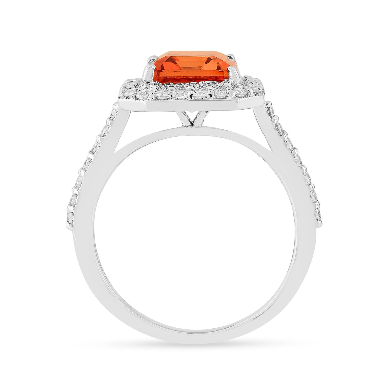 3.56 Ct Octagon Lab Created Peach Sapphire and Moissanite Prong Silver Halo Statement Ring