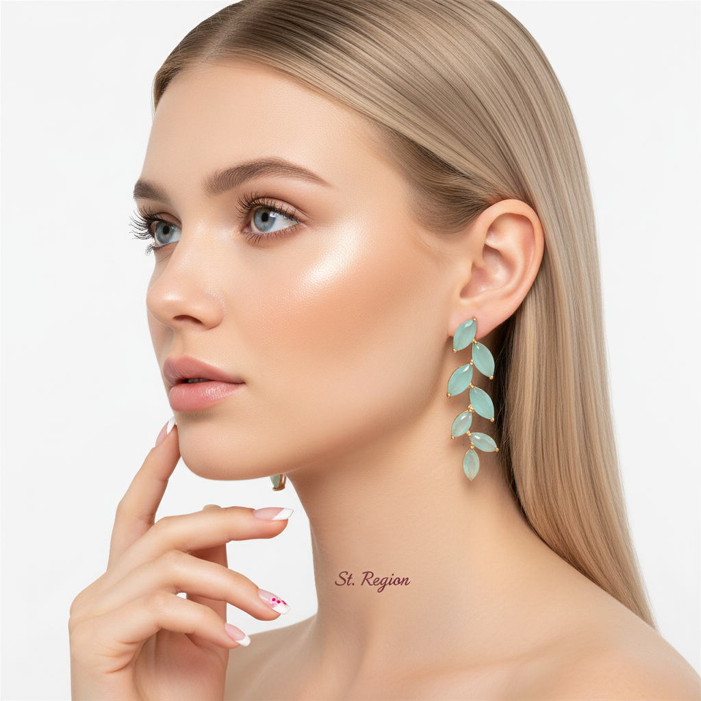 Green Crystal & Goldtone Leaves Drop Earrings