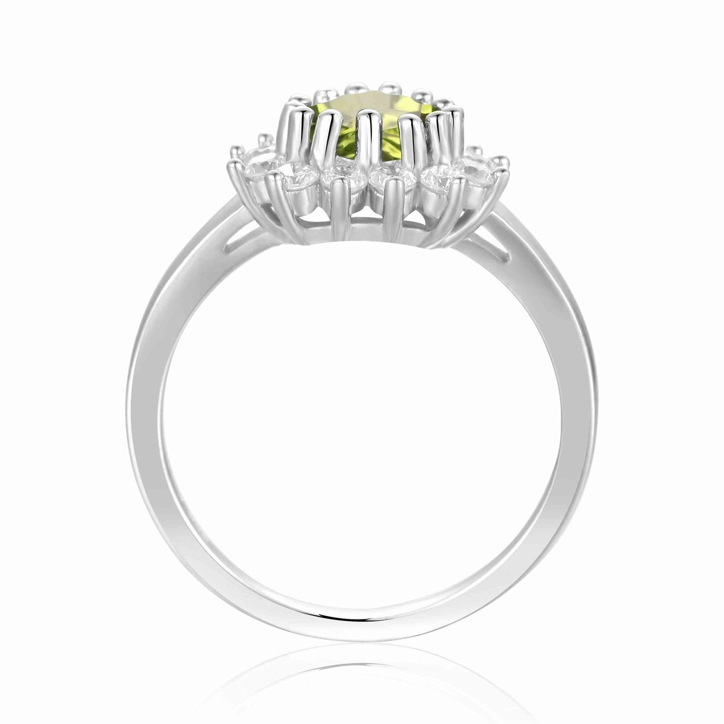 1.30 Ct Heart Olive Green Peridot and White Topaz Prong Silver Halo Ring