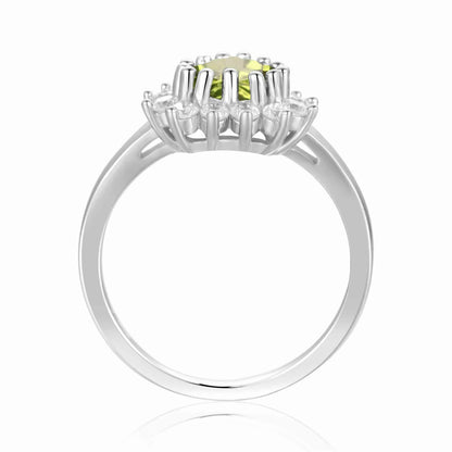 1.30 Ct Heart Olive Green Peridot and White Topaz Prong Silver Halo Ring