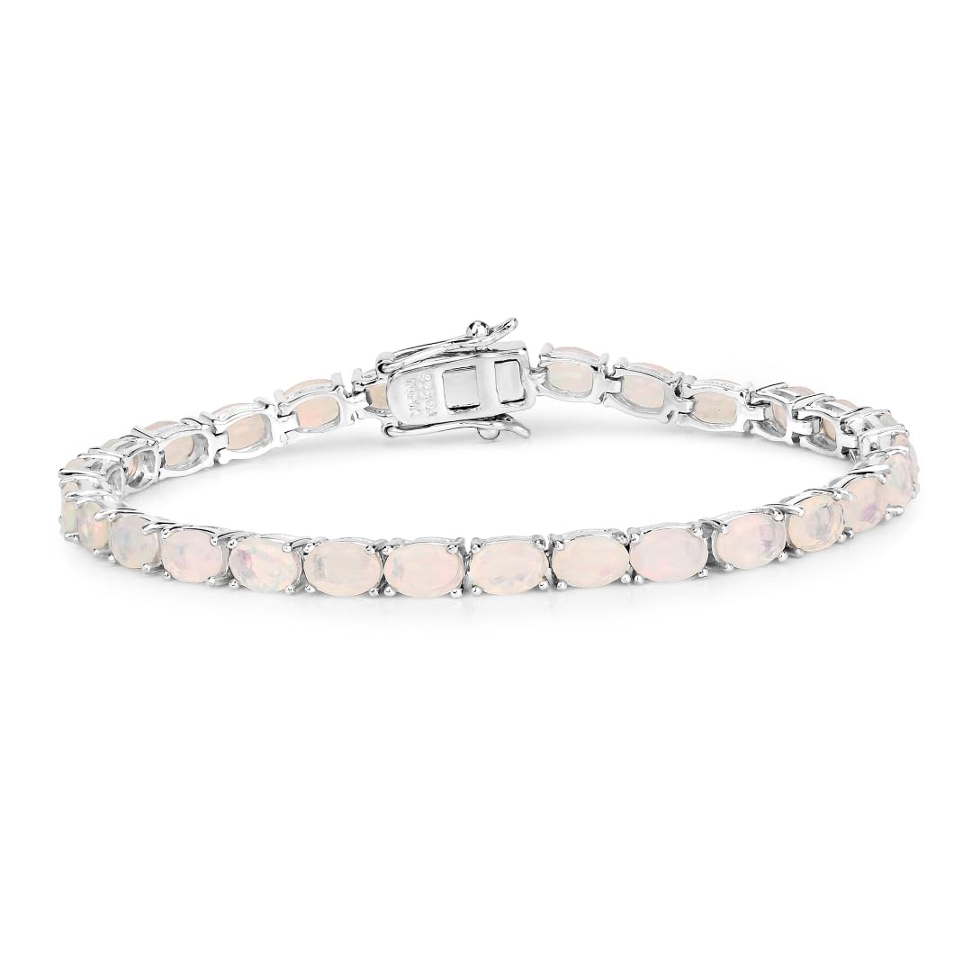 7.83 Cttw Oval White Ethiopian Opal Prong Rhodium Plated Silver Tennis Bracelet