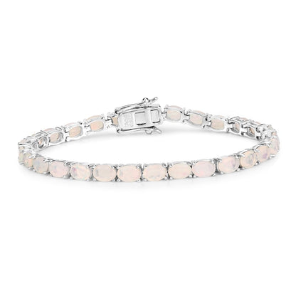7.83 Cttw Oval White Ethiopian Opal Prong Rhodium Plated Silver Tennis Bracelet
