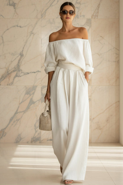 Women's Off-Shoulder Puff Sleeve Blouson Top & High-Rise Wide-Leg Pants Cotton-Linen Set
