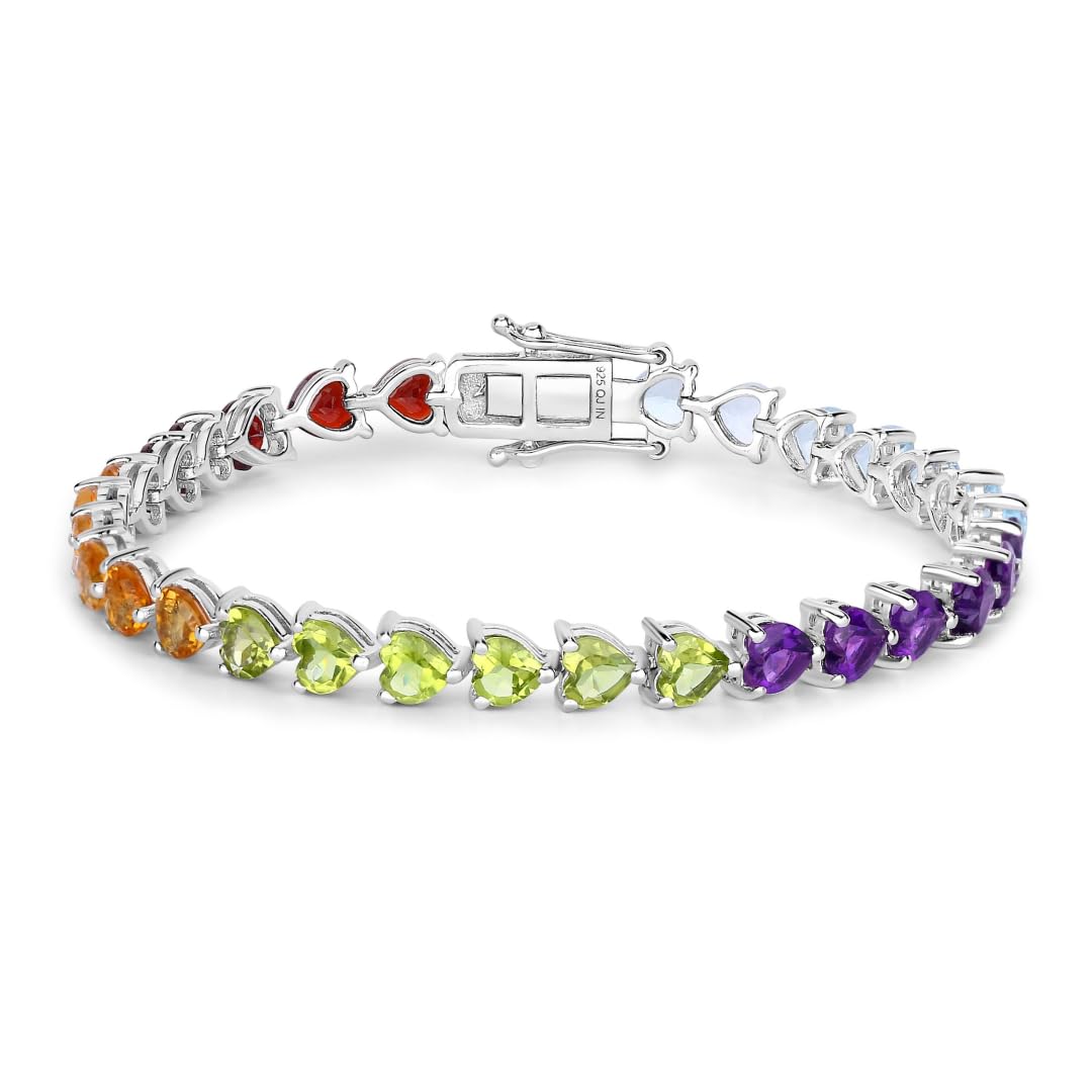 Heart Multi Birthstone Prong Silver Box Clasp Tennis Bracelet