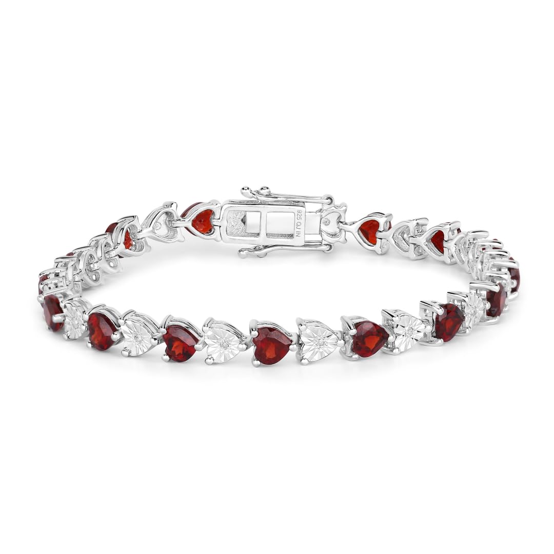 0.14 Ct Heart Red Garnet & Diamond Prong Silver Box Clasp Tennis Bracelet