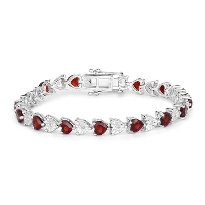 0.14 Ct Heart Red Garnet & Diamond Prong Silver Box Clasp Tennis Bracelet