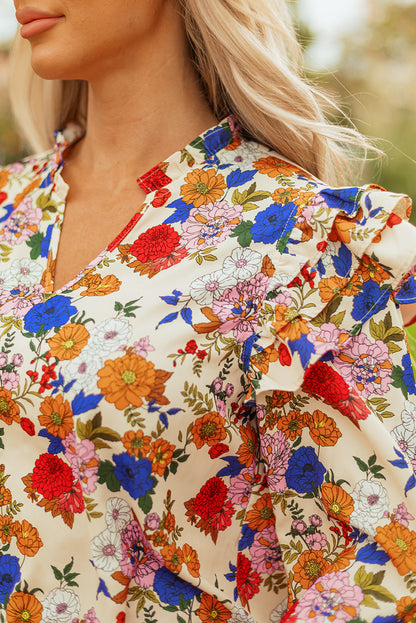 Threaded Pear Apricot Ruffled Shoulder Long Sleeve Floral Blouse