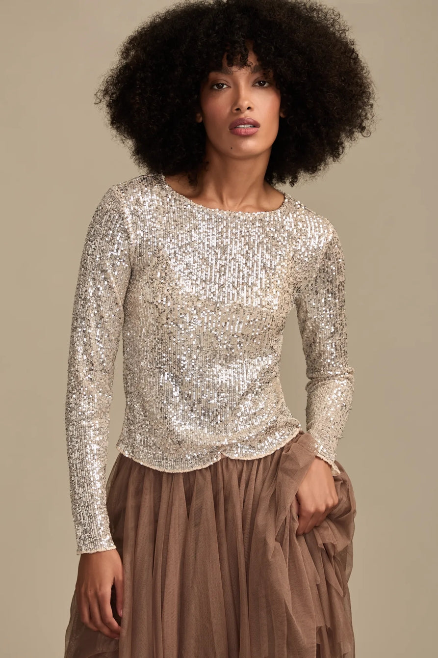 Lucky Brand Women's Sequin Long Sleeve Top - Champagne Sequin