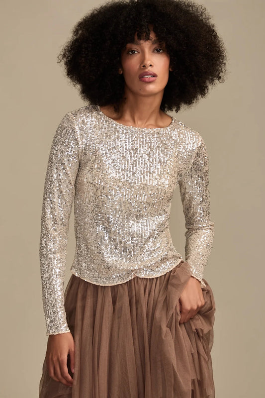 Lucky Brand Women's Sequin Long Sleeve Top - Champagne Sequin