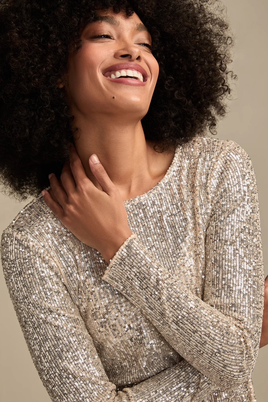 Lucky Brand Women's Sequin Long Sleeve Top - Champagne Sequin