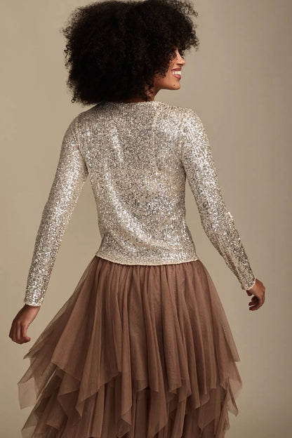 Lucky Brand Women's Sequin Long Sleeve Top - Champagne Sequin