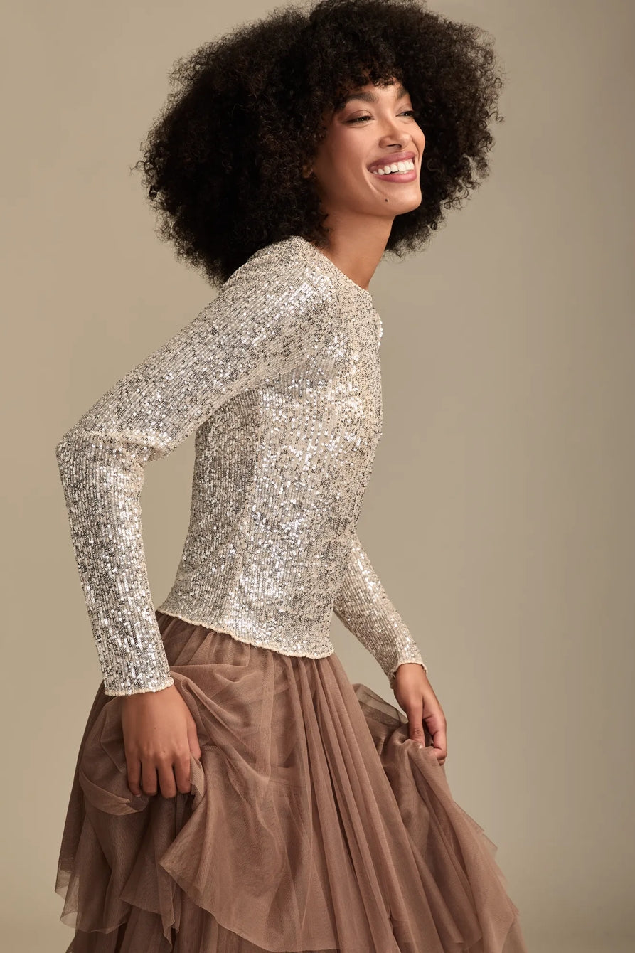 Lucky Brand Women's Sequin Long Sleeve Top - Champagne Sequin