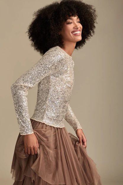 Lucky Brand Women's Sequin Long Sleeve Top - Champagne Sequin
