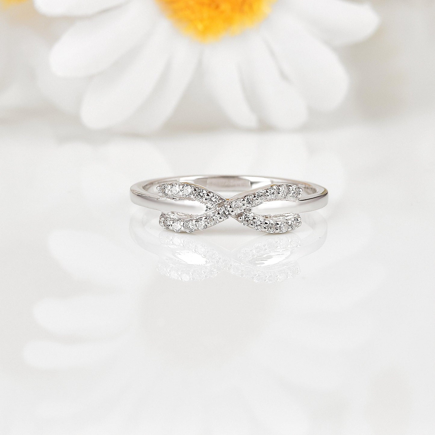 Round White Lab Diamond Pave Silver Infinity Criss Cross Ring