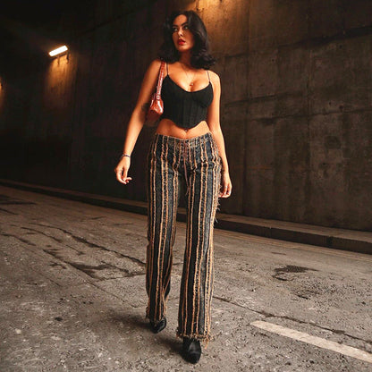 Mid-Rise Fashion Jeans With Raw Edges And Straps