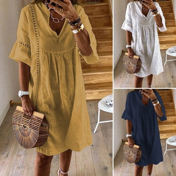 Women's V-Neck Flared Sleeve A-Line Mini Dress – Lace Stitching